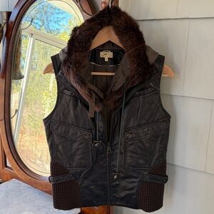 Vintage June Brown Genuine Leather Vest with Detachable Real Fur Trimmed Hood